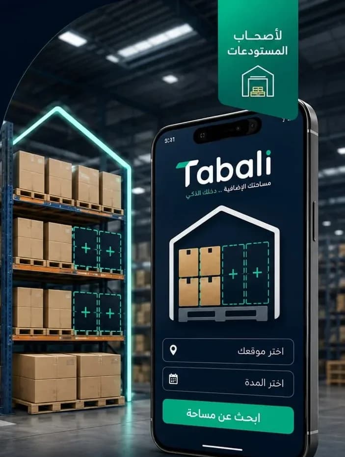 رفوف مستودع بطبالي شاغرة وتطبيق طبالي
